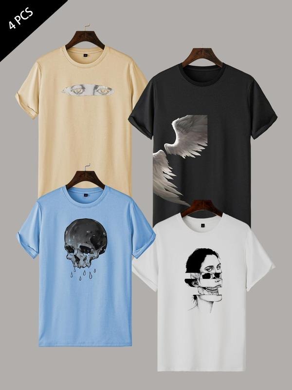 Men's Skull & Feather Print Round Neck Tee, Regular Fit Casual Short Sleeve Crew Neck T-shirt for Summer, Fashion Men's...