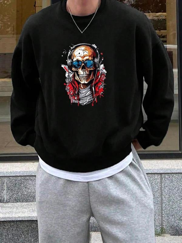 Men's Skull & Headphone Print Drop Shoulder Sweatshirt, Regular Fit Casual Street Long Sleeve Round Neck Pullover for...