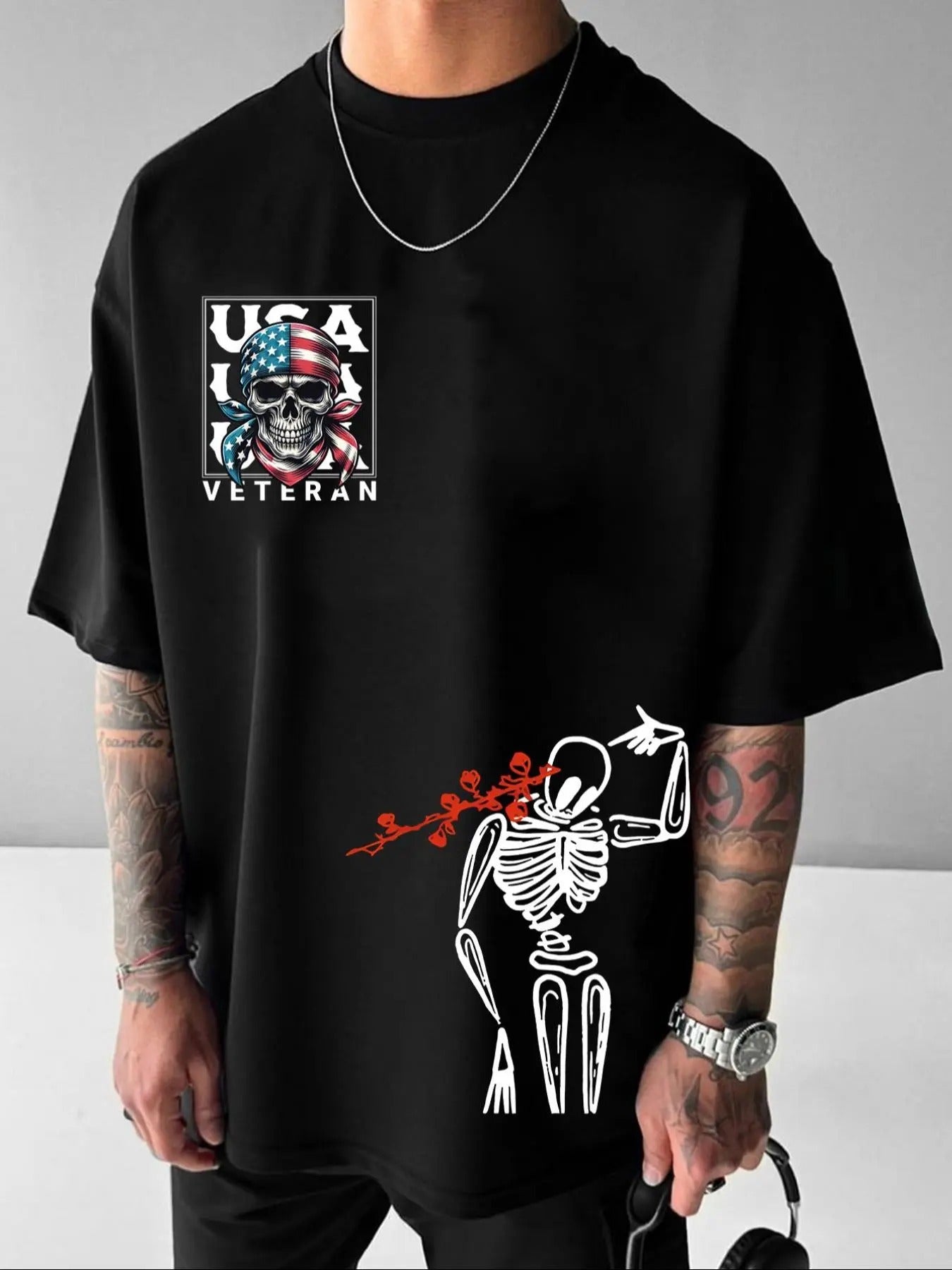 Men's Skull & Letter Print Drop Shoulder Graphic Tee, Loose Street Fashion Casual Soft Comfy Short Sleeve T-Shirt for...