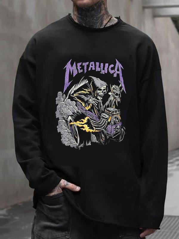 Men's Skull & Letter Print Drop Shoulder Sweatshirt, Regular Fit Casual Street Soft Comfy Long Sleeve Round Neck Pullover...