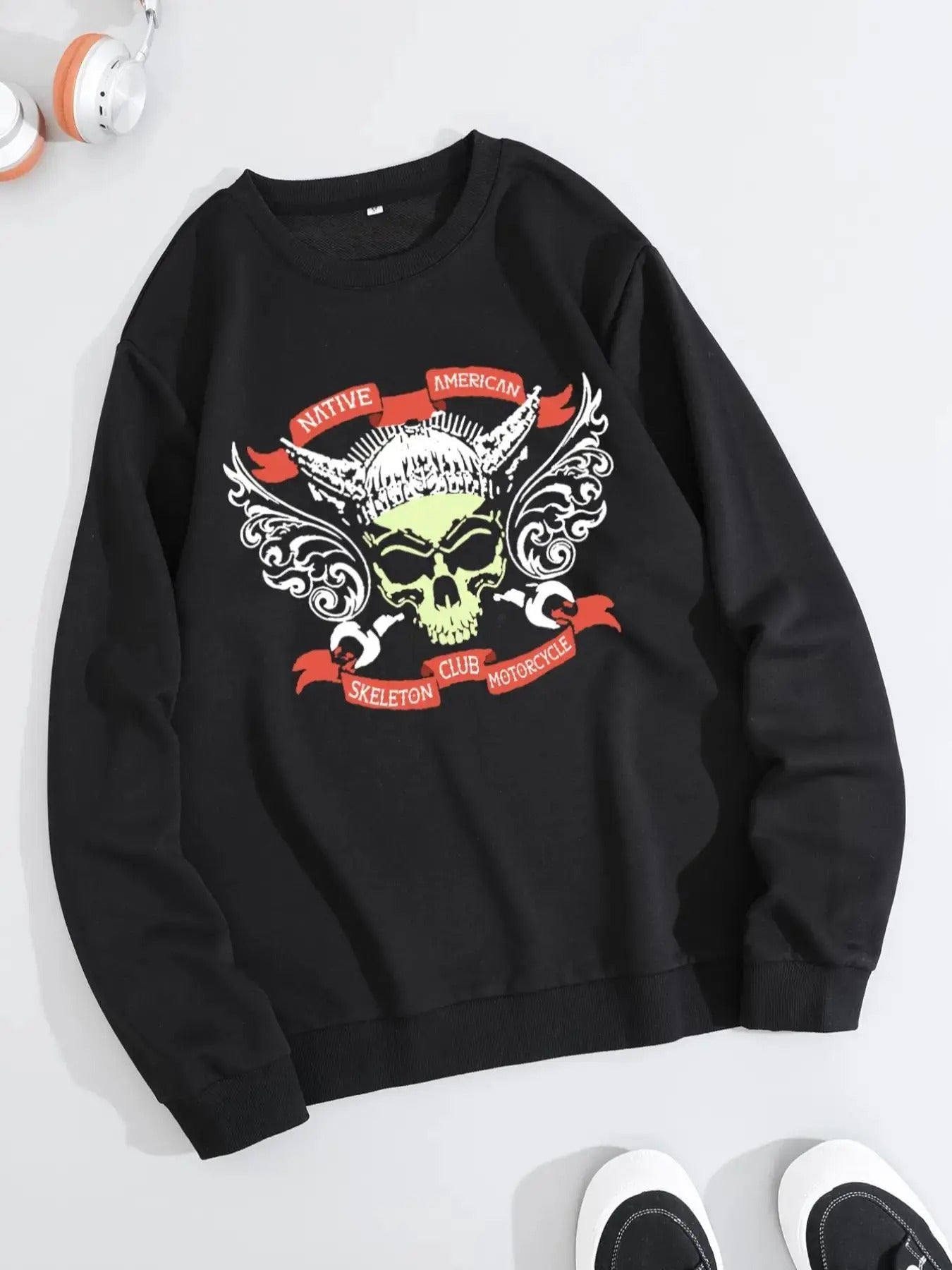 Men's Skull & Letter Print Round Neck Sweatshirt, Regular Fit Casual Fashion Long Sleeve Pullover for Fall & Winter,...