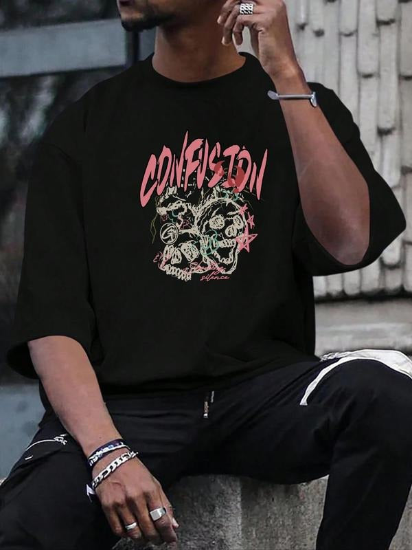 Men's Skull & Letter Print Round Neck Tee, Casual Comfy Short Sleeve T-shirt for Daily Wear, Men's Top for All Seasons...