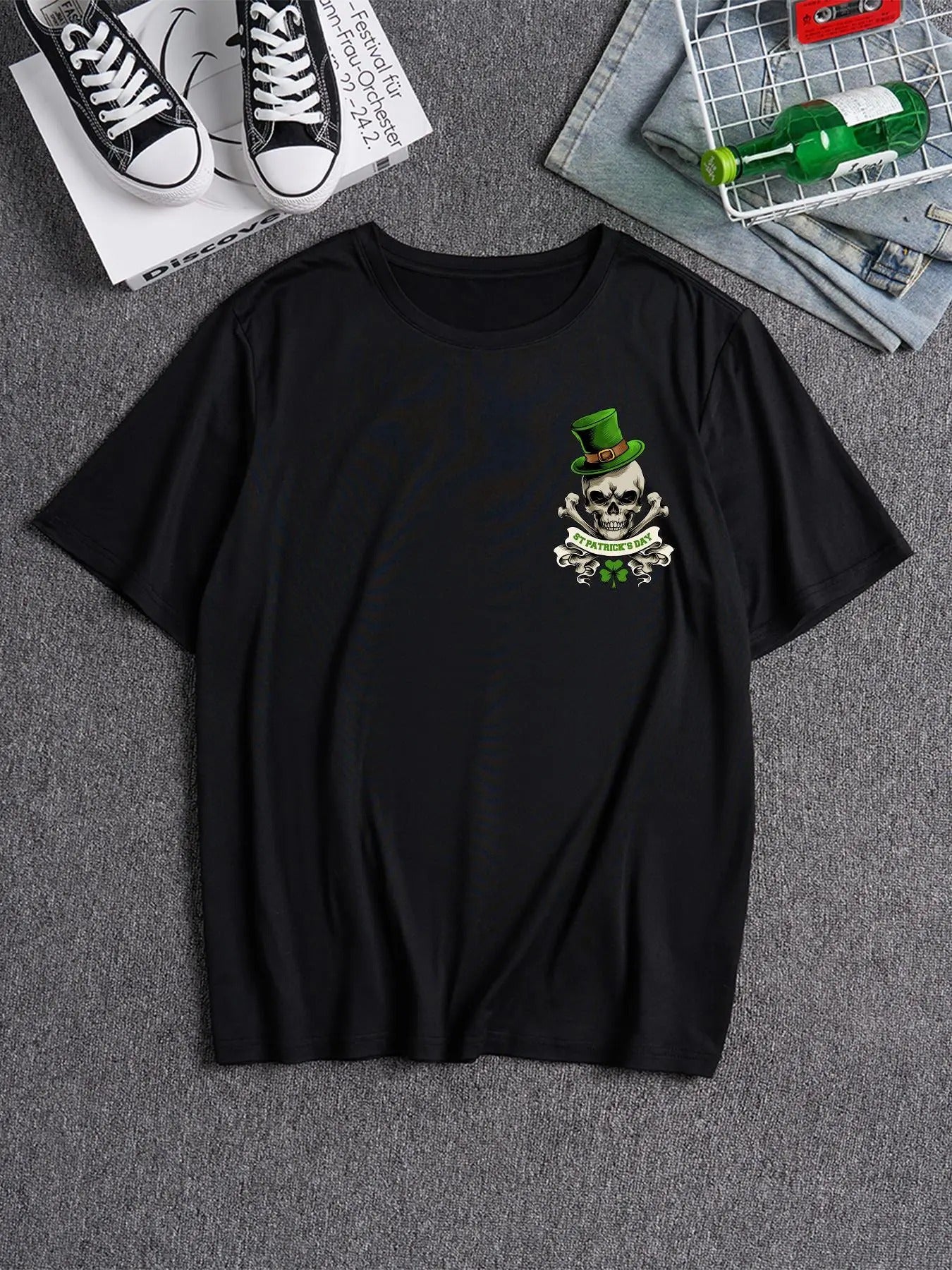 Men's Skull & Letter Print Round Neck Tee, Loose Casual Drop Shoulder Crew Neck T-shirt for Summer, Fashion Men's Top for...