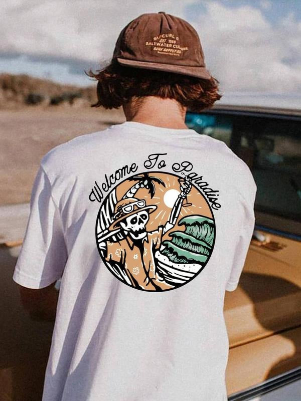 Men's Skull & Letter Print Round Neck Tee, Regular Fit Casual Short Sleeve T-shirt for Summer, Men's Top for Daily Wear,...