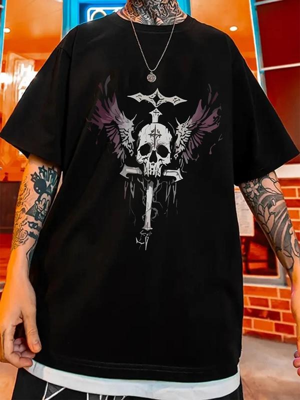 Men's Skull & Wing Print Round Neck Tee, Regular Fit Casual Fashion Comfy Short Sleeve T-shirt for Daily Wear, Men's...