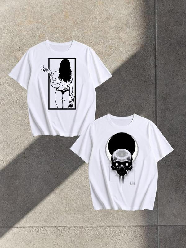 Men's Skull & Woman Print Short Sleeve Tee, Regular Fit Casual Fashion Comfy Round Neck T-shirt for Summer, Men's Top for...