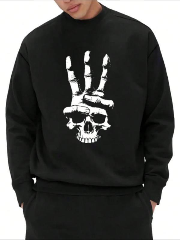 Men's Skull Hand Print Drop Shoulder Sweatshirt, Regular Fit Casual Street Soft Comfy Long Sleeve Round Neck Pullover for...