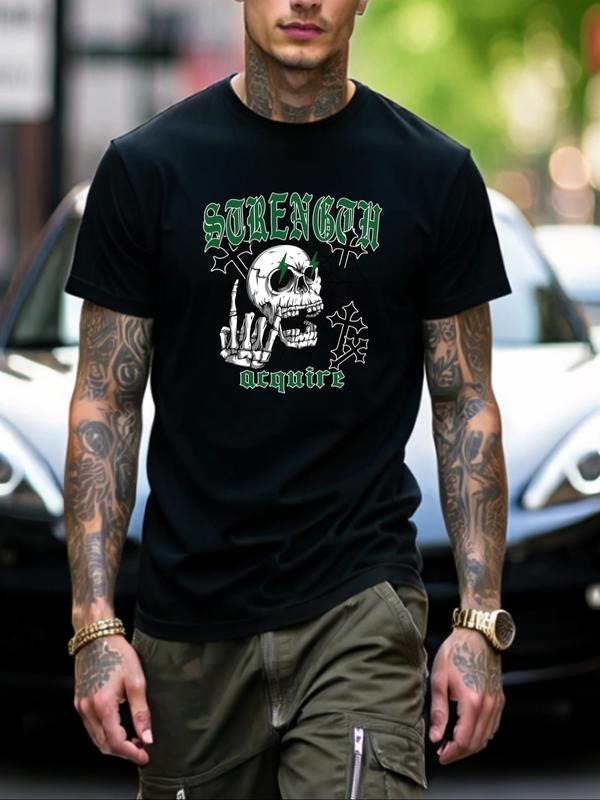 Men's Skull Letter Spider Web Print Round Neck Short Sleeve T-Shirt, Casual Fitted Breathable Loose Fit Summer Top for...