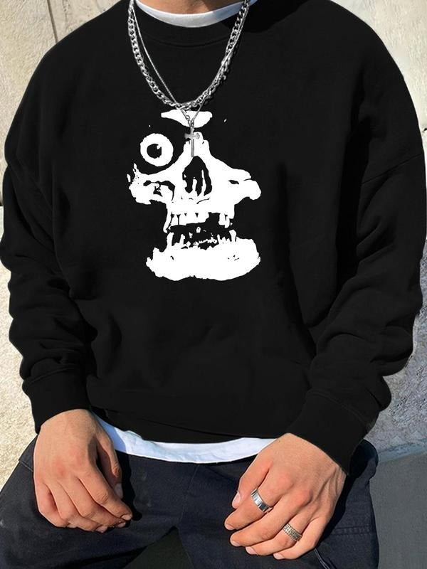 Men's Skull Print Drop Shoulder Sweatshirt, Regular Fit Casual Long Sleeve Round Neck Pullover for Fall & Winter, Men's...
