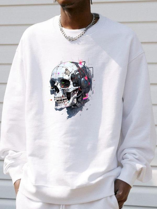 Men's Skull Print Drop Shoulder Sweatshirt, Regular Fit Casual Long Sleeve Round Neck Pullover for Fall & Winter, Men's...