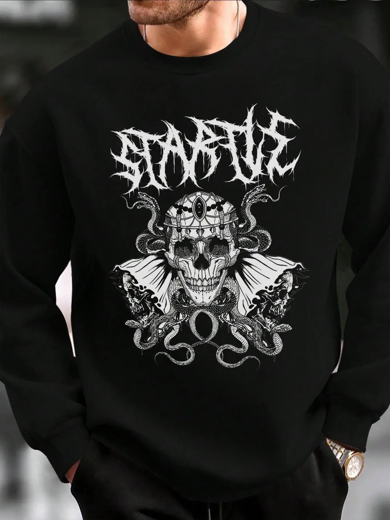 Men's Skull Print Round Neck Sweatshirt, Regular Fit Casual Long Sleeve Crew Neck Pullover for Fall & Winter, Fashion...
