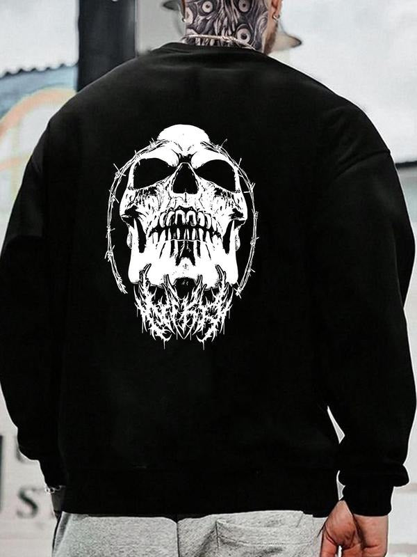 Men's Skull Print Round Neck Sweatshirt, Regular Fit Casual Long Sleeve Crew Neck Pullover for Fall & Winter, Men's...