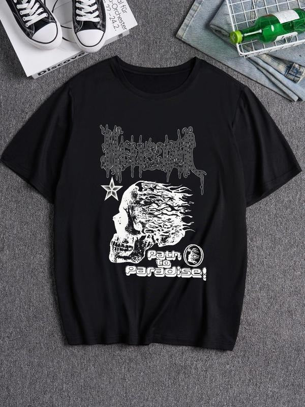 Men's Skull Print Round Neck Tee, Loose Street Fashion Casual Short Sleeve T-shirt for Daily Wear, Men's Summer Clothes,...