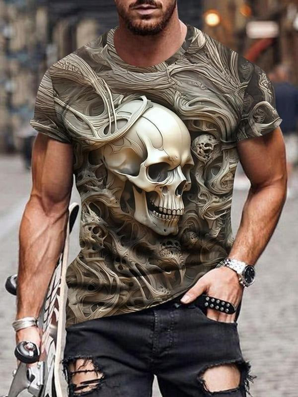Men's Skull Print Round Neck Tee, Regular Fit Casual Short Sleeve T-shirt for Summer, Men's Top for Daily Wear, Tropical...