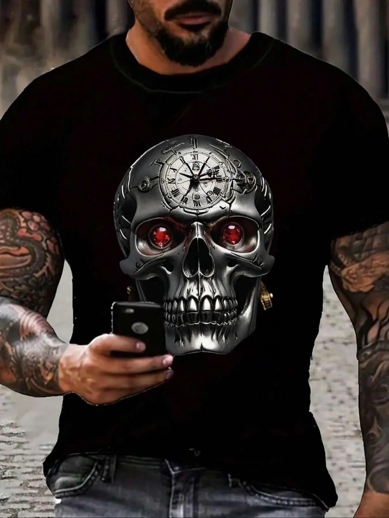 Men's Skull Print Round Neck Tee, Regular Fit Street Fashion Casual Short Sleeve T-Shirt for Daily Wear, Casual Comfy...