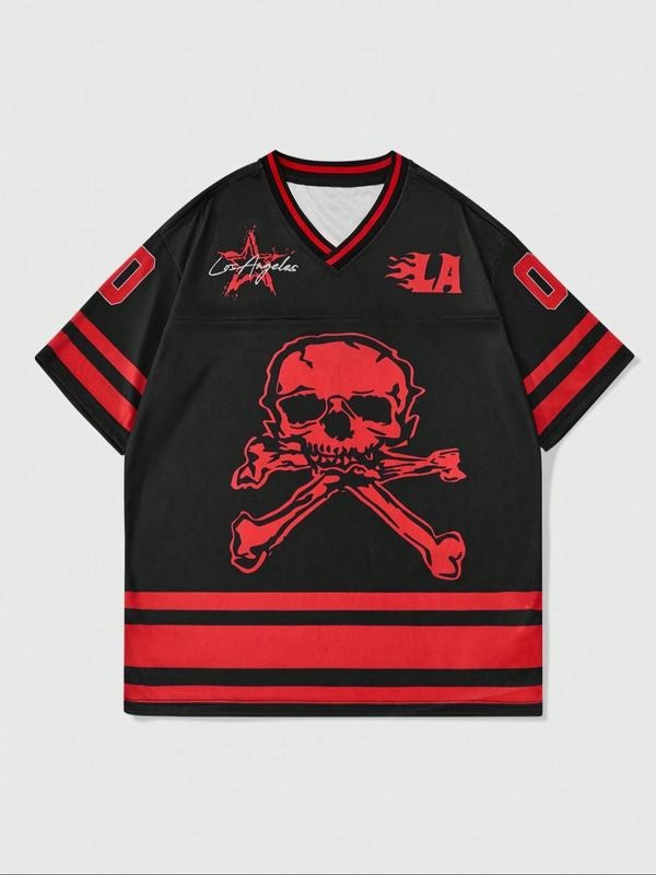 Men's Skull Print V Neck Tee, Regular Fit Casual Short Sleeve T-shirt for Summer, Men's Top for Daily Wear, Tropical...
