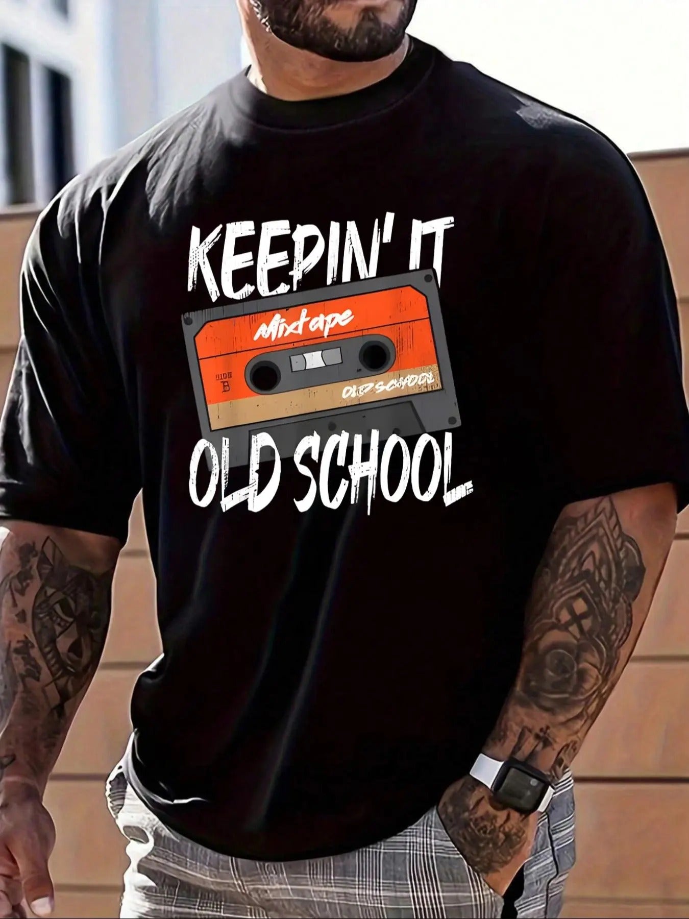 Men's Slogan & Music Tape Print Round Neck Tee, Loose Casual Comfy Fashion Short Sleeve Crew Neck T-shirt for Summer,...