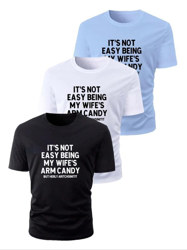 Men's Slogan Print Round Neck Tee, Regular Fit Casual Comfy Short Sleeve Crew Neck T-shirt for Summer, Men's All-match...