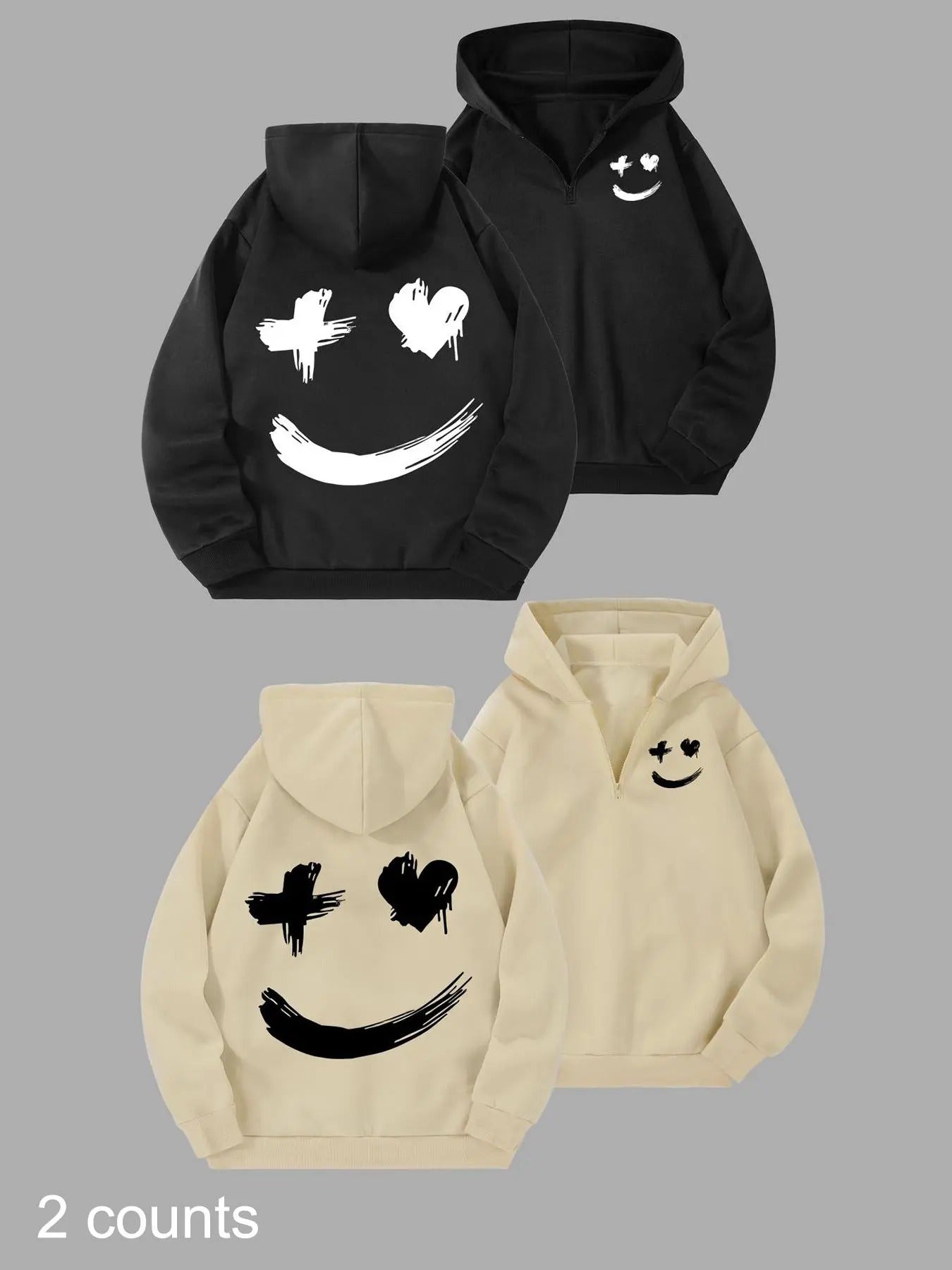 Men's Smile Face Print Drop Shoulder Half Zip Hoodie, Casual Regular Fit Long Sleeve Hooded Sweatshirt for Fall & Winter,...