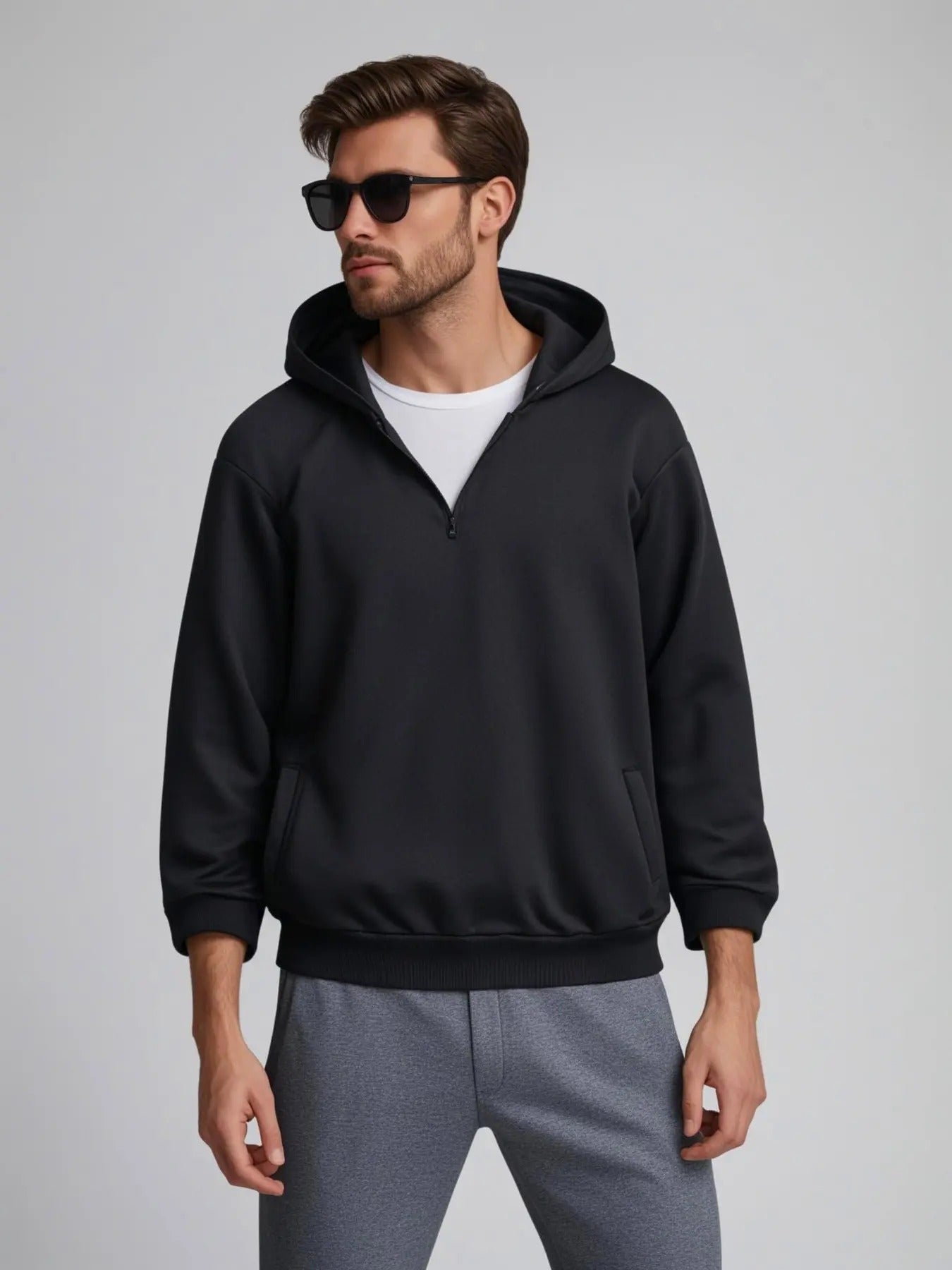 Men's Solid Drop Shoulder Half Zip Hoodie, Casual Regular Fit Long Sleeve Hooded Sweatshirt for Fall & Winter, Men's...