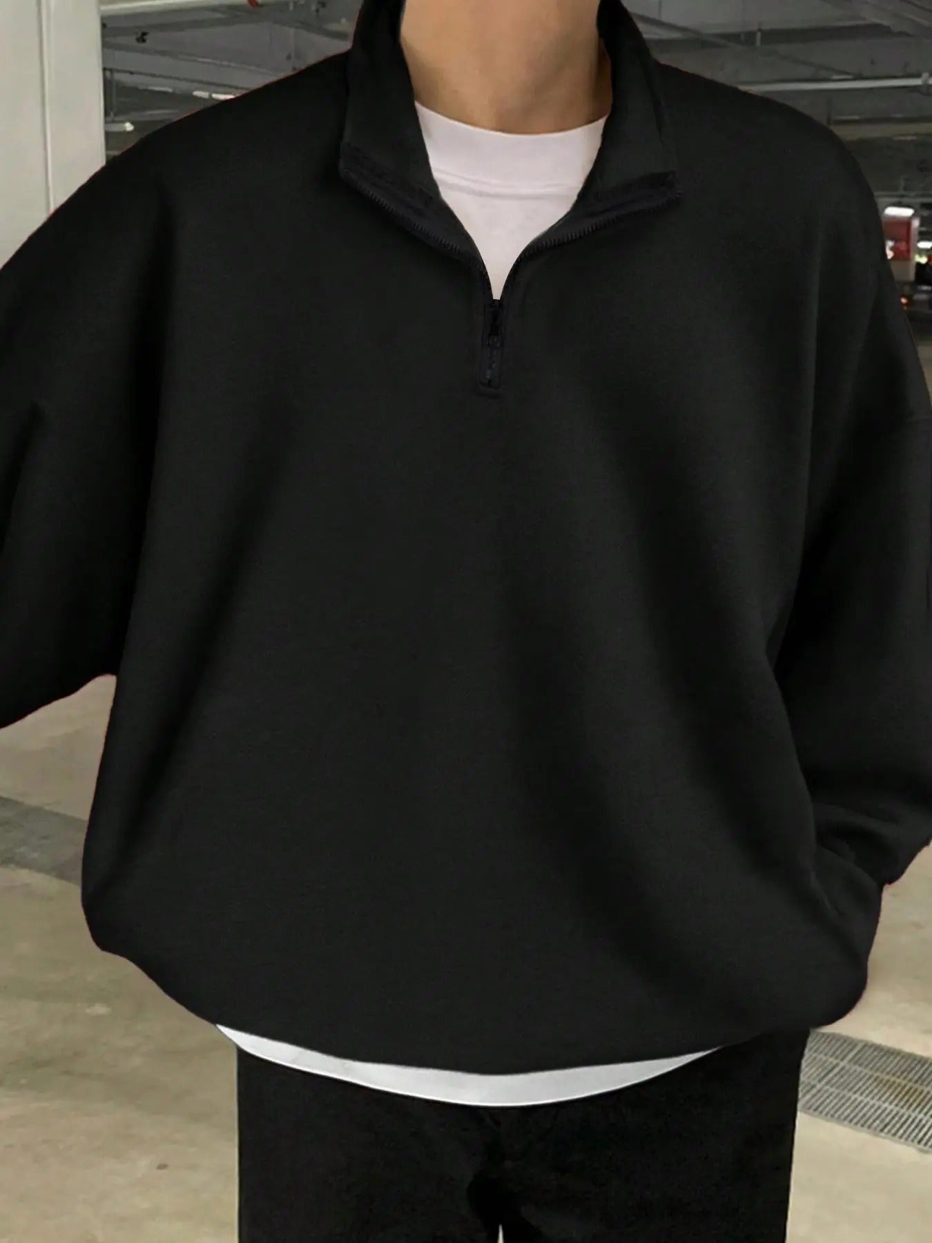 Men's Solid Drop Shoulder Zip Up Fleece Sweatshirt, Regular Fit Casual Long Sleeve Stand Collar Pullover for Fall &...