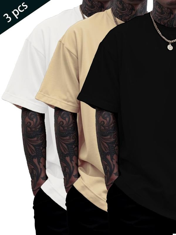 Men's Solid Round Neck Tee, Regular Fit Casual Short Sleeve Crew Neck T-Shirt for Summer, Men's Top for Daily Wear,...