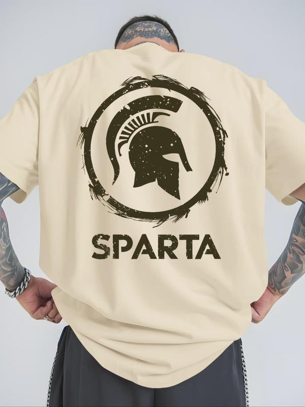 Men's Spartan Helmet & Letter Print Round Neck Tee, Loose Casual Short Sleeve T-shirt for Summer, Men's Top for Daily...
