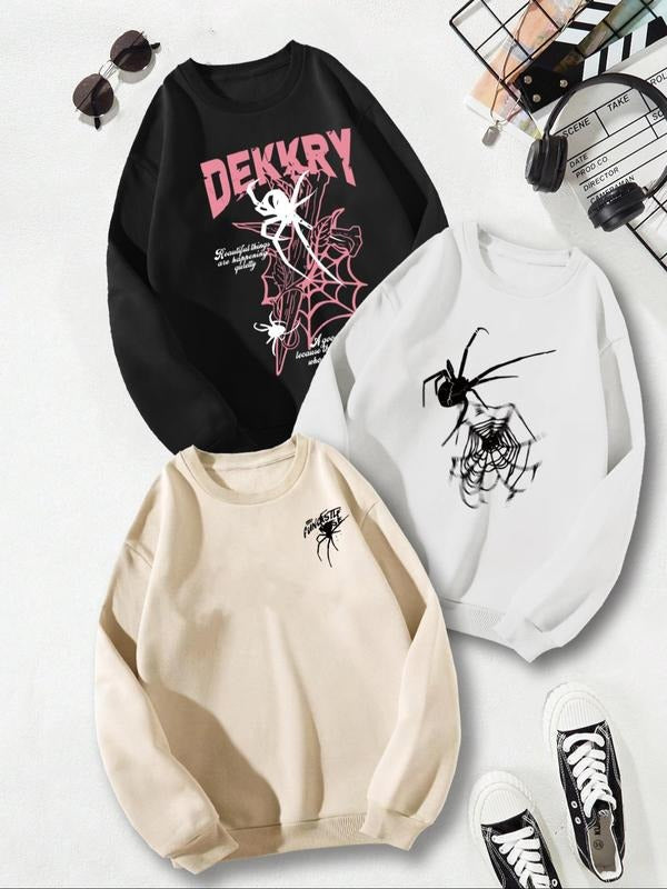 Men's Spider & Letter Print Round Neck Sweatshirt, Regular Fit Casual Long Sleeve Crew Neck Pullover for Fall & Winter,...