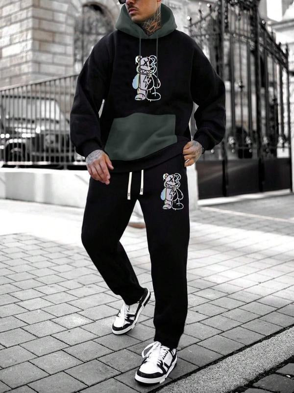 Men's Spring & Fall Thin Bear Print Hoodie Sweatshirt Set, Casual Long Sleeve Fitted Design, Perfect Gift for Boyfriend...