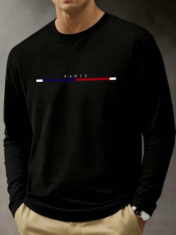Men's Spring & Fall Thin Letter Paris Print Long Sleeve T-Shirt, Casual Fitted Beach Vacation Sports Fishing Camping Gym...