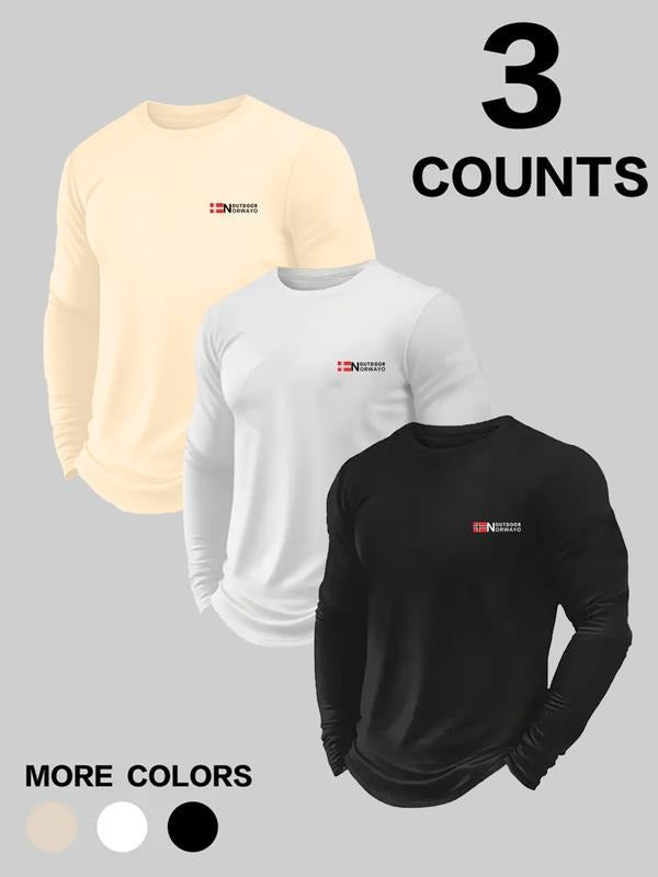 Men's Spring Fall 3-Piece Round Neck Long Sleeve T-Shirt Set, Soft Fabric, Norwegian Element Print, Traveler & Casual...