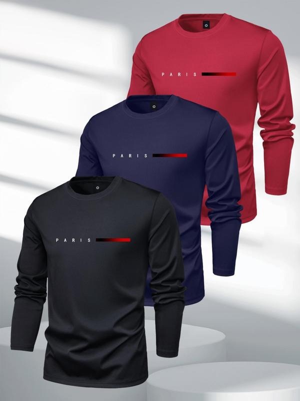 Men's Spring Fall Thin Letter Paris Print Long Sleeve T-Shirt, Casual Fitted Bottom Layer Top, Athletic Sports Clothing,...