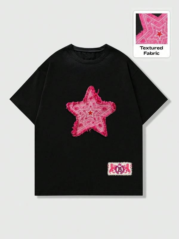 Men's Star Embroidery Patch Short Sleeve Tee, Regular Fit Casual Comfy Round Neck T-Shirt for Daily Wear, Men's Top for...