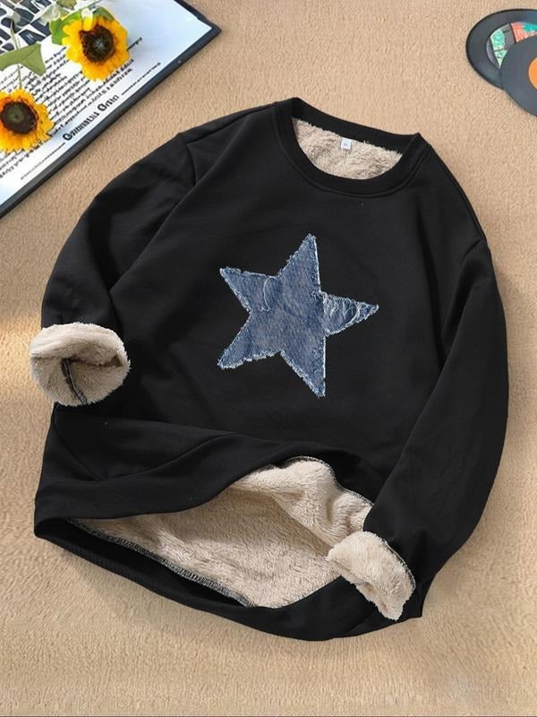 Men's Star Print Round Neck Sweatshirt, Regular Fit Casual Long Sleeve Thermal Lined Crew Neck Pullover for Fall &...