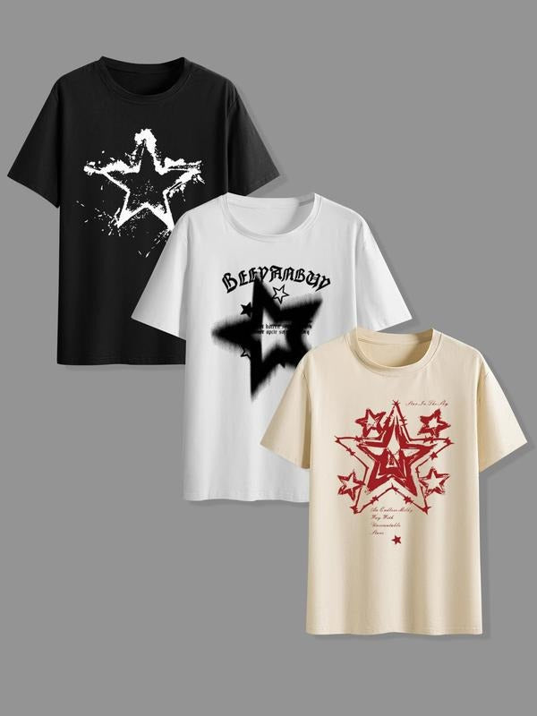 Men's Star Print Round Neck Tee, Regular Fit Casual Short Sleeve Crew Neck T-shirt for Summer, Fashion Men's Top for...