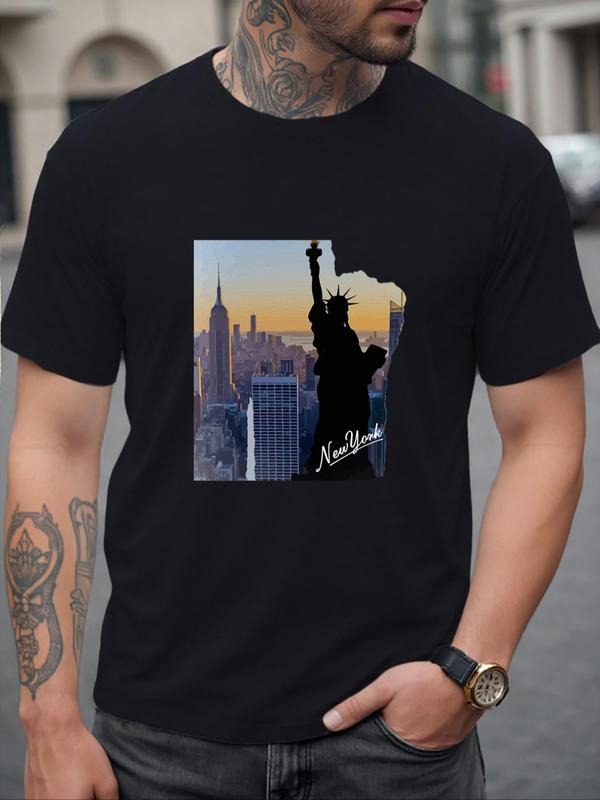 Men's Statue Of Liberty Print Round Neck Tee, Regular Fit Casual Short Sleeve Crew Neck T-shirt for Daily Wear, Men's Top...