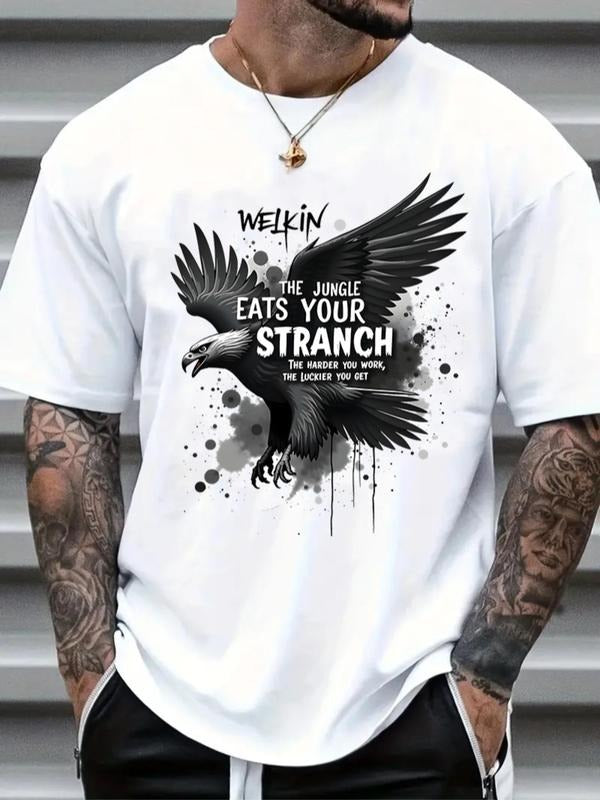 Men's Street Style Eagle Graphic Print Drop Shoulder Crew Neck Tee, Loose Street Fashion Casual Short Sleeve Round Neck...