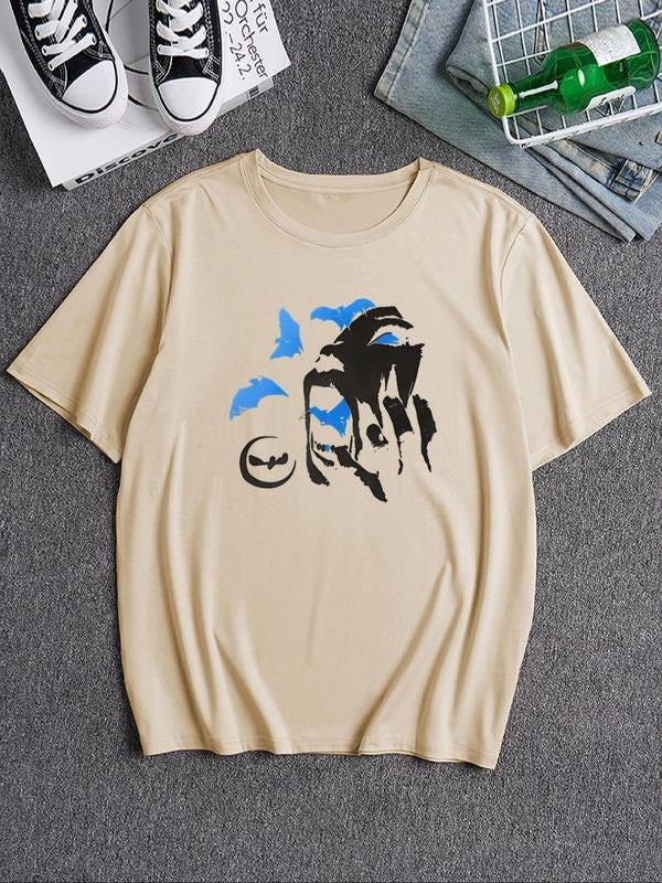 Men's Street Style Graffiti Print Drop Shoulder Round Neck Tee, Loose Street Fashion Casual Crew Neck Short Sleeve...