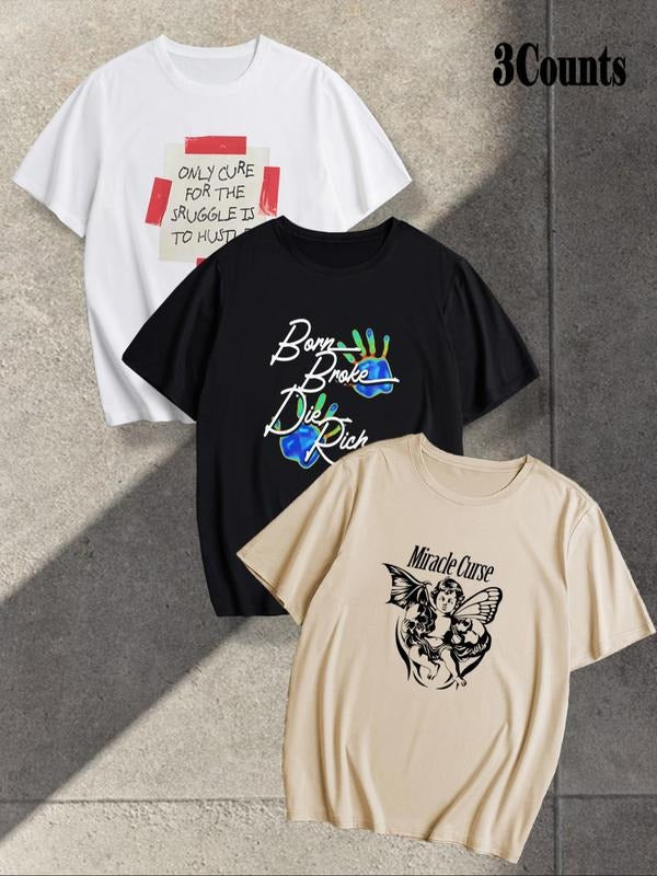 Men's Street Style Graphic Print Crew Neck Tee, Loose Casual Comfy Breathable Round Neck Short Sleeve T-shirt for Summer,...