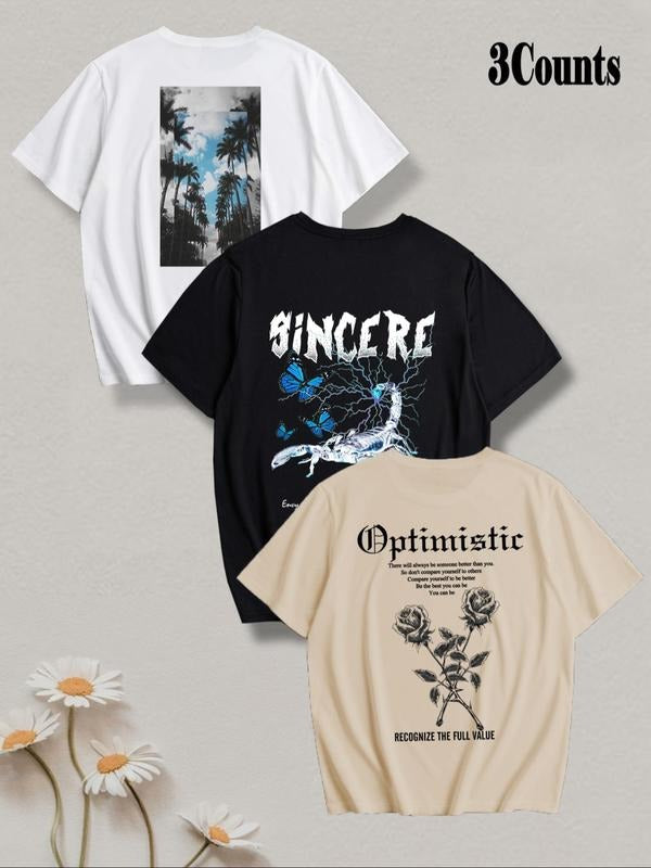 Men's Street Style Graphic Print Crew Neck Tee, Loose Casual Comfy Street Fashion Round Neck Short Sleeve T-shirt for...