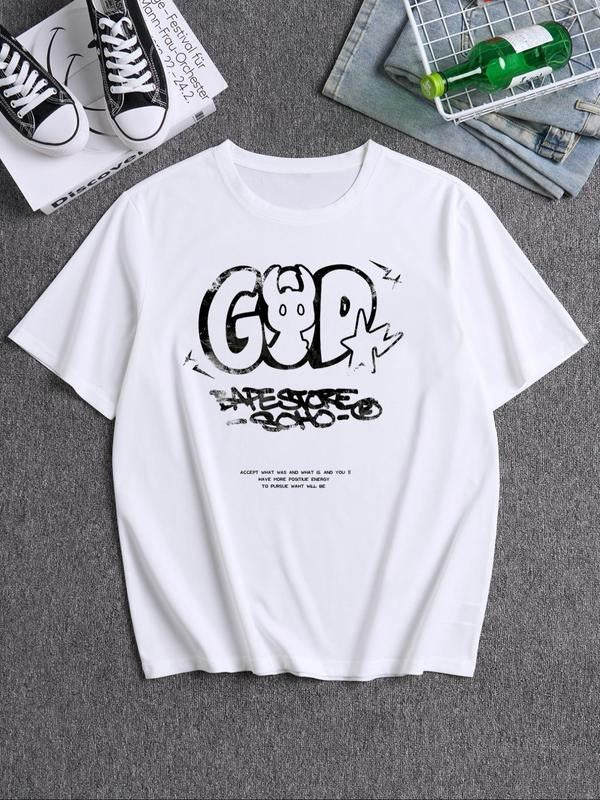 Men's Street Style Letter Graffiti Graphic Print Drop Shoulder Crew Neck Tee, Loose Street Fashion Soft Comfy Round Neck...