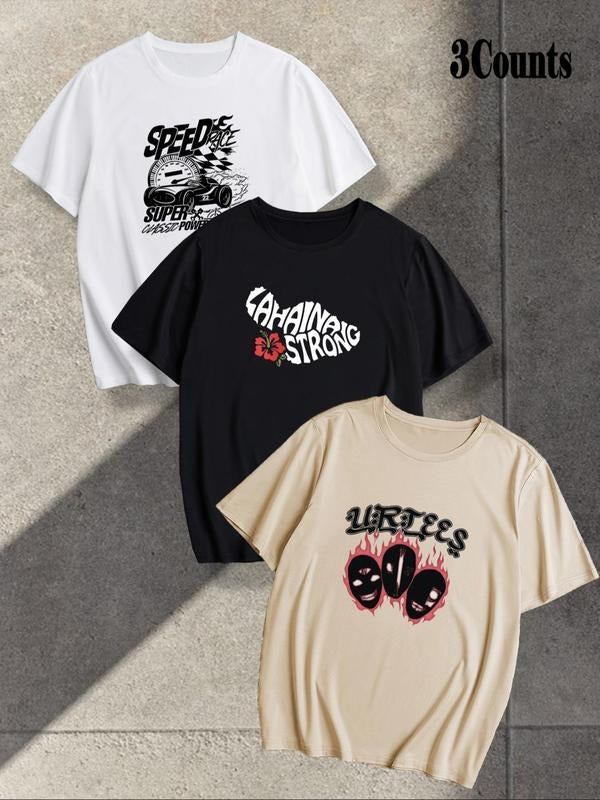 Men's Street Style Letter Graphic Print Round Neck Tee, Loose Casual Comfy Breathable Short Sleeve Crew Neck T-shirt for...