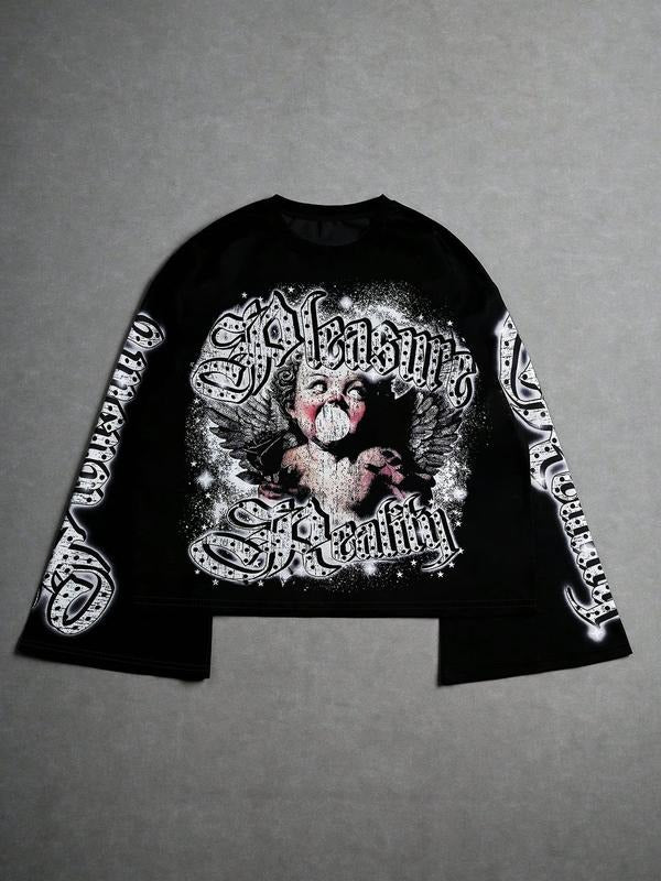 Men's Street Style Long Sleeve T-Shirt, Digital Print Angel Bubblegum Pattern, Fall Fashion, Casual Daily Wear, Sports...
