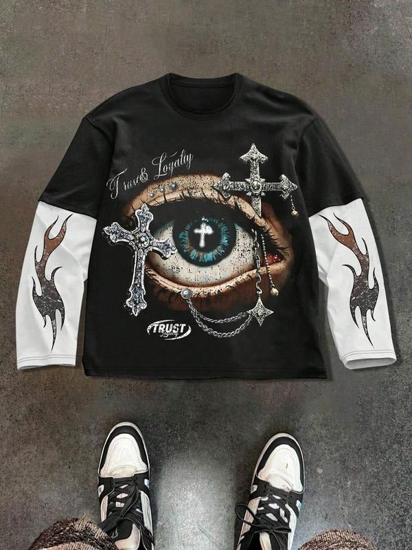 Men's Street Style Sporty Long Sleeve Mock Two-Piece Tee, Comfortable Loose Fit Casual Fashion Clothing for All Seasons,...