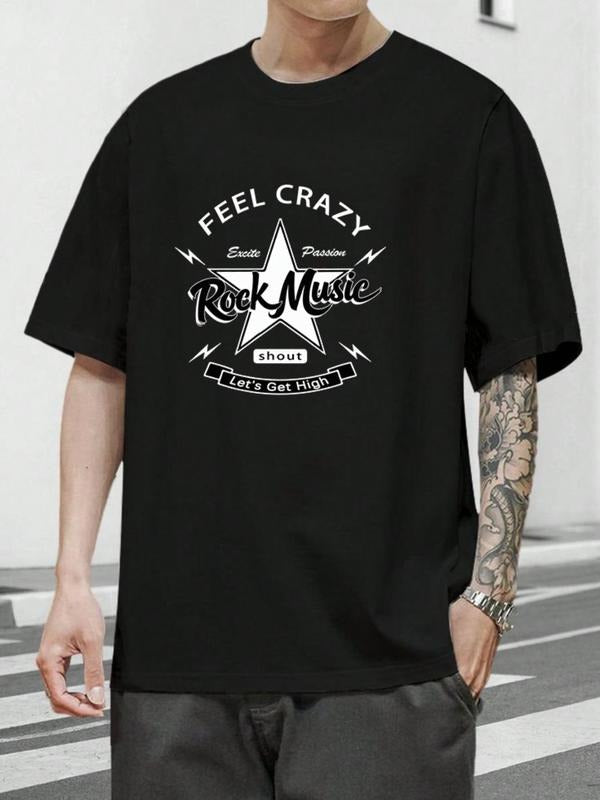 Men's Street Style Star & Letter Graphic Print Round Neck Tee, Loose Casual Street Fashion Short Sleeve Crew Neck T-shirt...