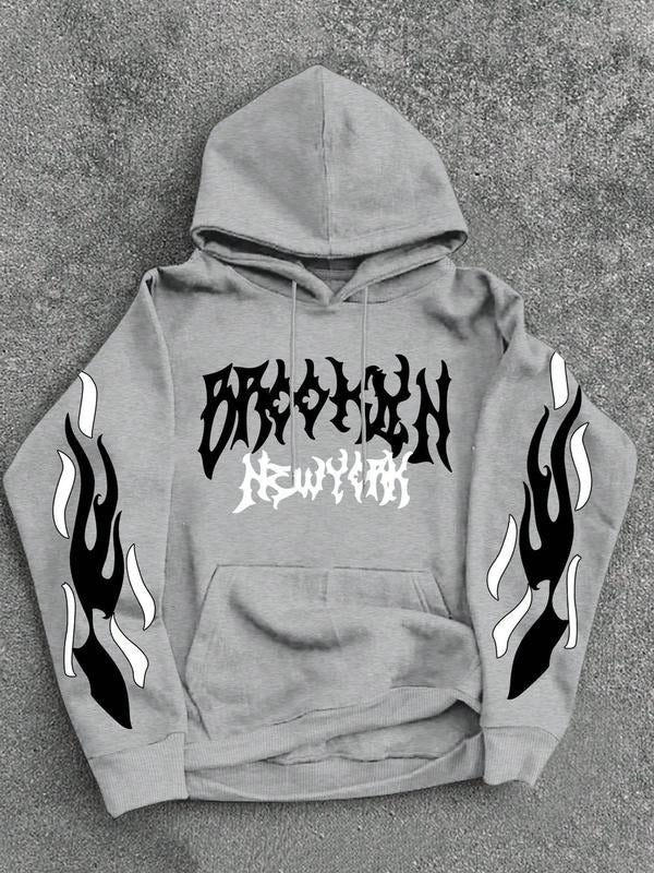 Men's Streetwear Flame Pattern Hoodie, Light Long Sleeve Drawstring Pullover, Fall & Winter Casual Fashion, Comfortable...
