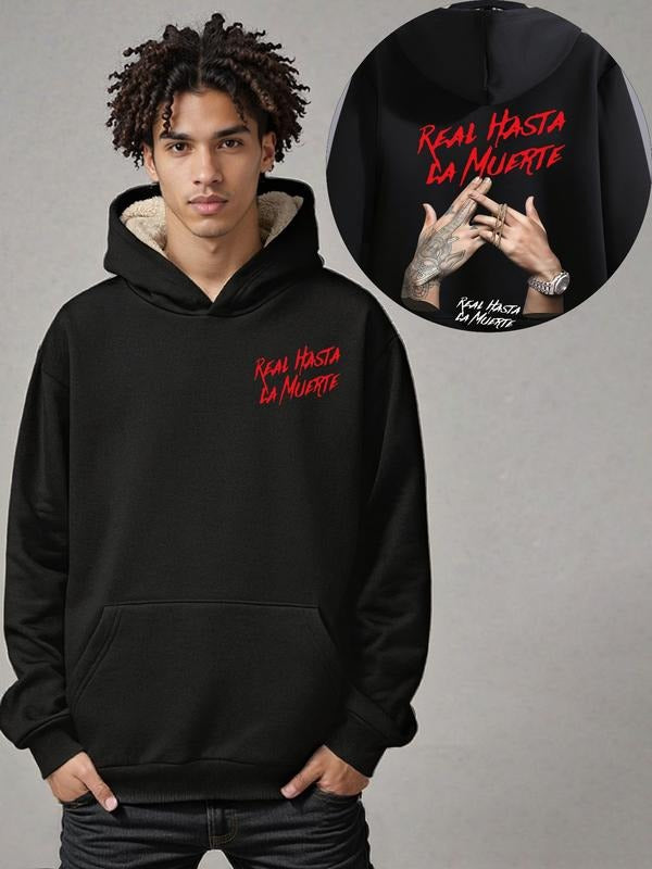 Men's Streetwear Hip Hop Hoodie, Fall Winter Thick Fleece Lined, Real Hasta La Muerte Print, Cartoon Style, Oversized Fit...
