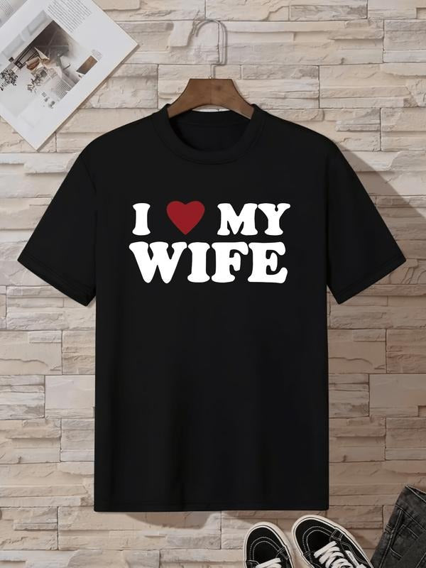 Men's Stylish " I Love My Wife" Creative Print T-Shirt, Crew Neck Short Sleeve, Casual Tee, Versatile Top For Spring And...
