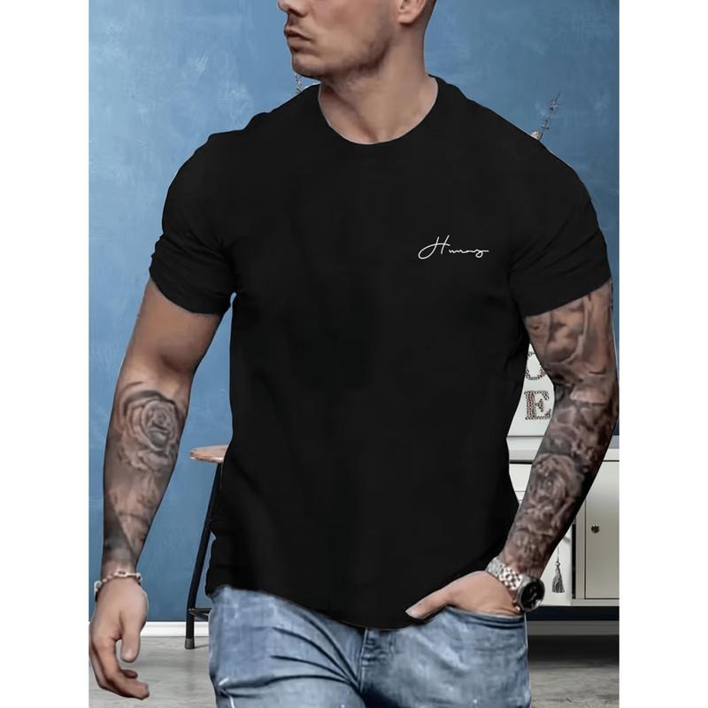 Men's Summer Casual Short Sleeve T-Shirt Soft Stretchy Polyester Blend Crew Neck With Stylish Letter Print In Vibrant...