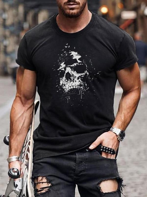Men's Summer Clothes Skull Print Round Neck Tee, Regular Fit Casual Short Sleeve T-Shirt for Summer, Men's Top for Daily...
